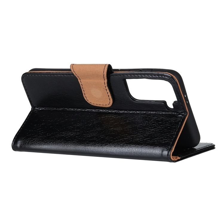 Black and tan nappa texture leather flip case with magnetic strap and kickstand