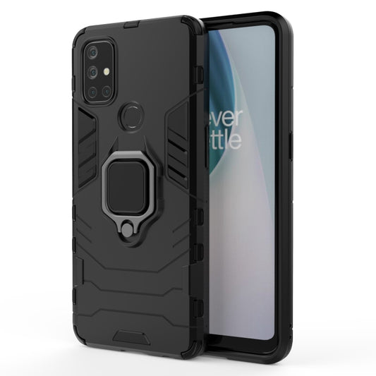 Black rugged shockproof phone case with magnetic ring holder and raised camera edges