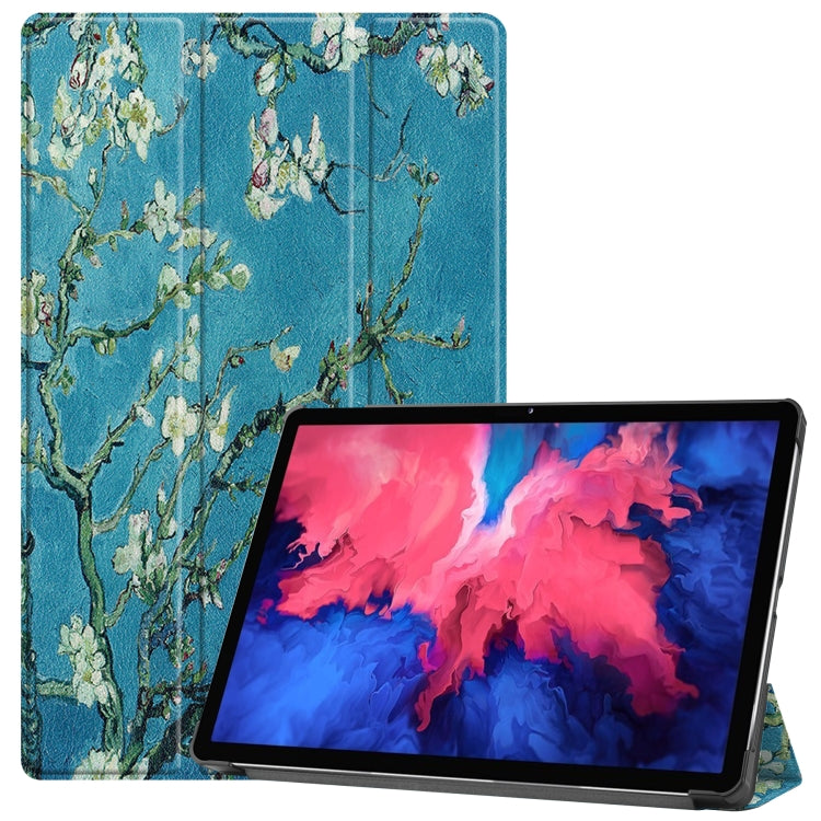 Smart tablet case with blue floral print, three-fold stand for landscape viewing