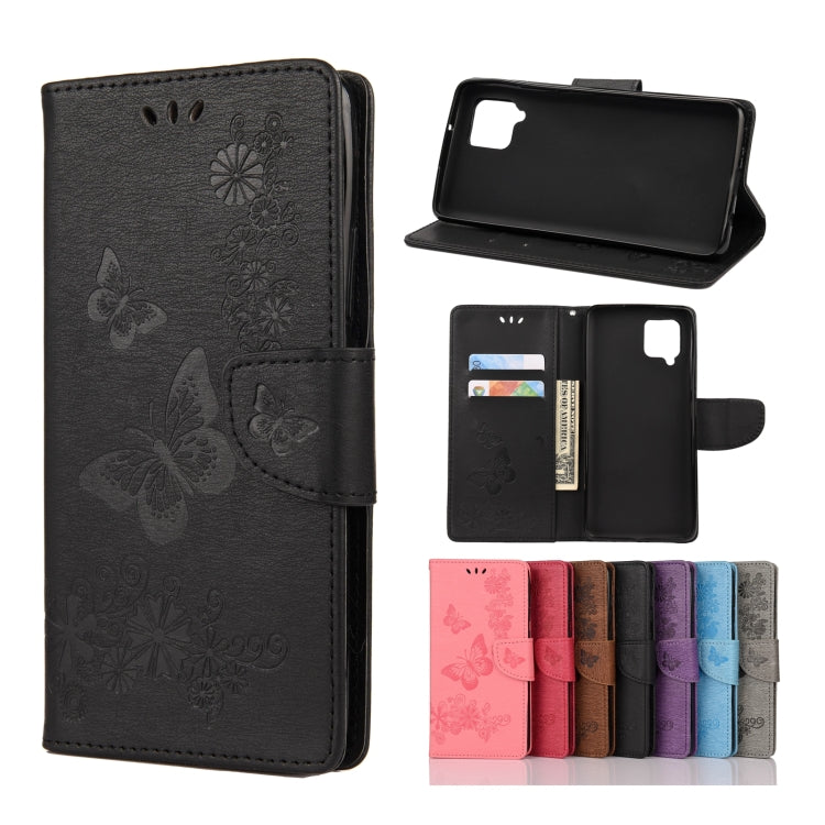 Black butterfly-embossed flip phone wallet with card slots and magnetic holder
