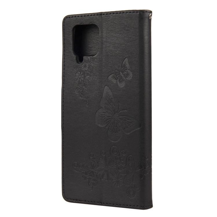 Black butterfly-embossed leather phone wallet case with cutout for camera