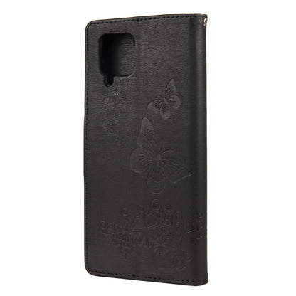 Black butterfly-embossed leather phone wallet case with cutout for camera