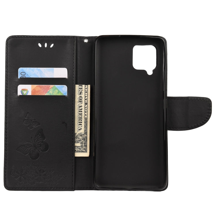 Black butterfly-embossed flip phone wallet showing card slot and stand cover