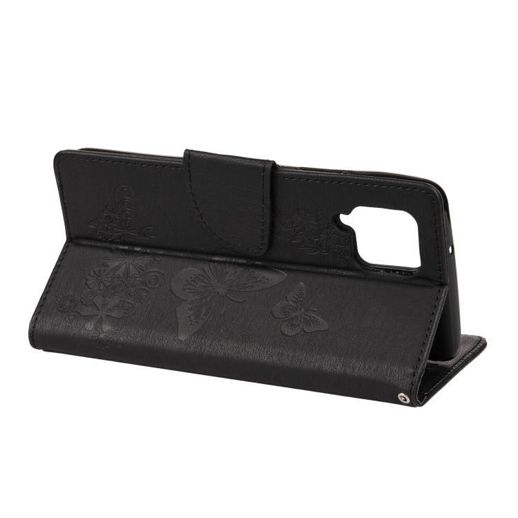 Black butterfly-embossed flip phone wallet with front window and stand