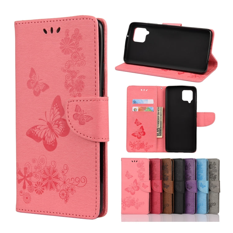 Pink butterfly-embossed flip phone wallet with card slots and magnetic strap