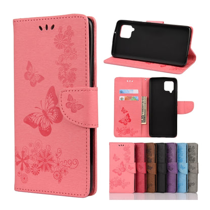 Pink butterfly-embossed flip phone wallet with card slots and magnetic strap
