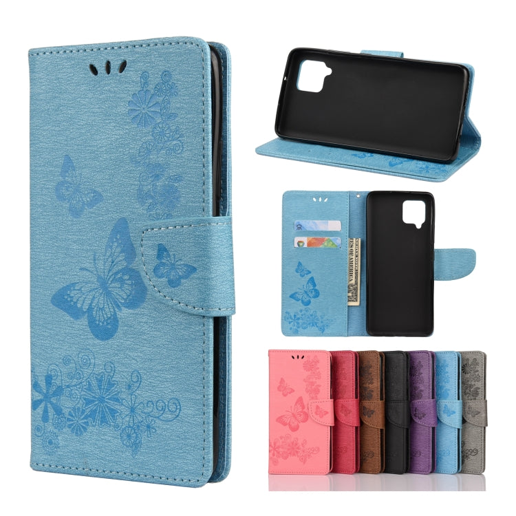 Blue butterfly-embossed flip phone wallet with card slots and stand cover