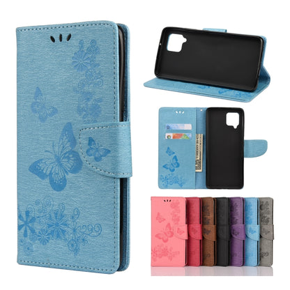 Blue butterfly-embossed flip phone wallet with card slots and stand cover