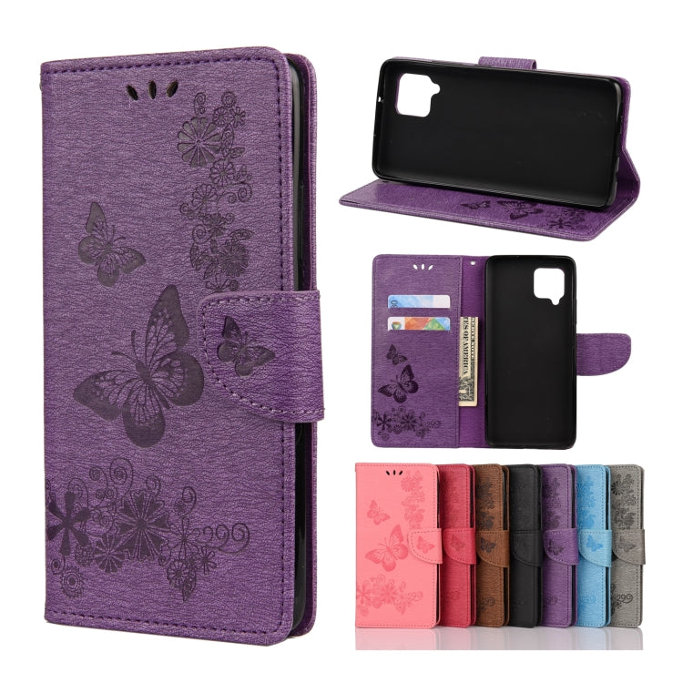 Purple butterfly embossing flip leather phone case with card slots and holder