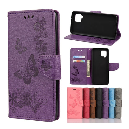 Purple butterfly embossing flip leather phone case with card slots and holder