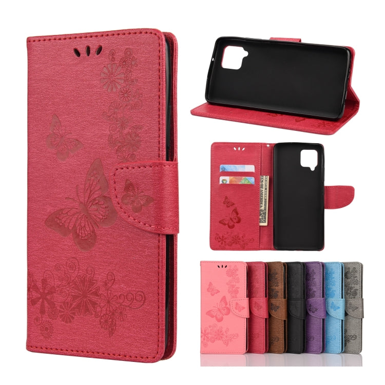 Red butterfly embossing flip leather phone case with card slots and holder