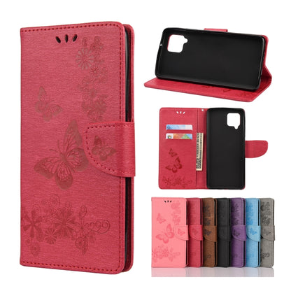Red butterfly embossing flip leather phone case with card slots and holder