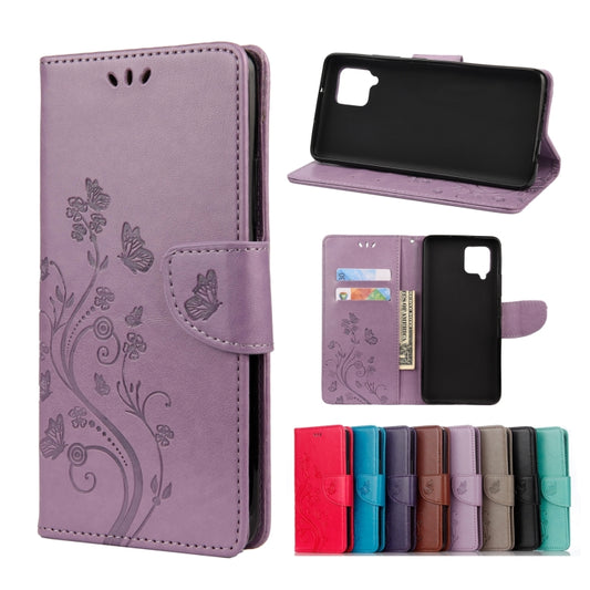 Light purple butterfly flower leather phone wallet case with card slots and stand