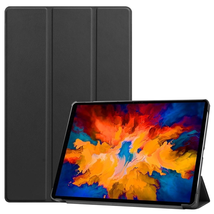 Black three-fold horizontal tablet leather case with built-in stand and camera cutout