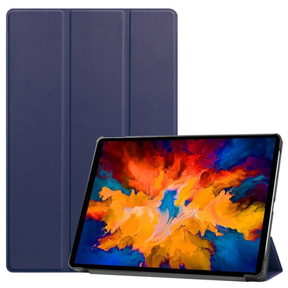 Dark blue three-fold horizontal tablet leather case with built-in stand