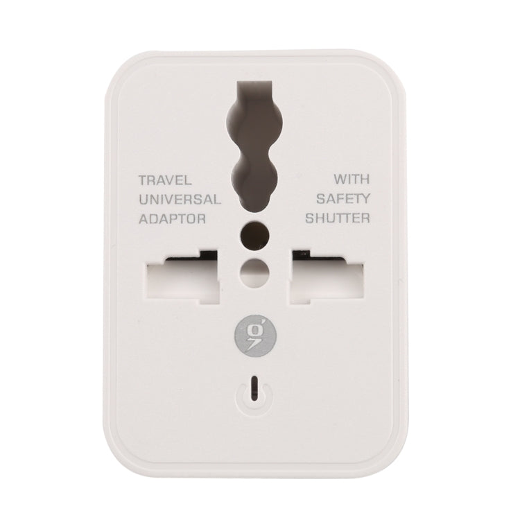 White international travel adapter face with two USB ports and universal socket