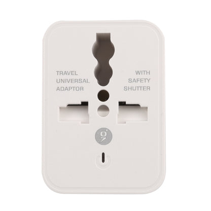 White international travel adapter face with two USB ports and universal socket