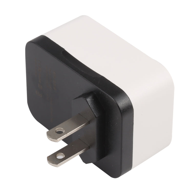 White dual USB travel charger with black US plug prongs