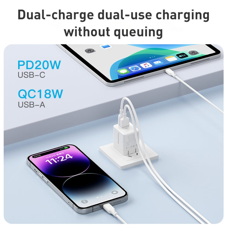 USB-C PD and USB-A dual-port charger adapter with two connected devices