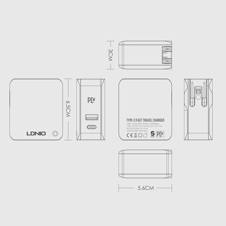Foldable travel charger dimension diagram showing 5.6cm and 6.5cm views