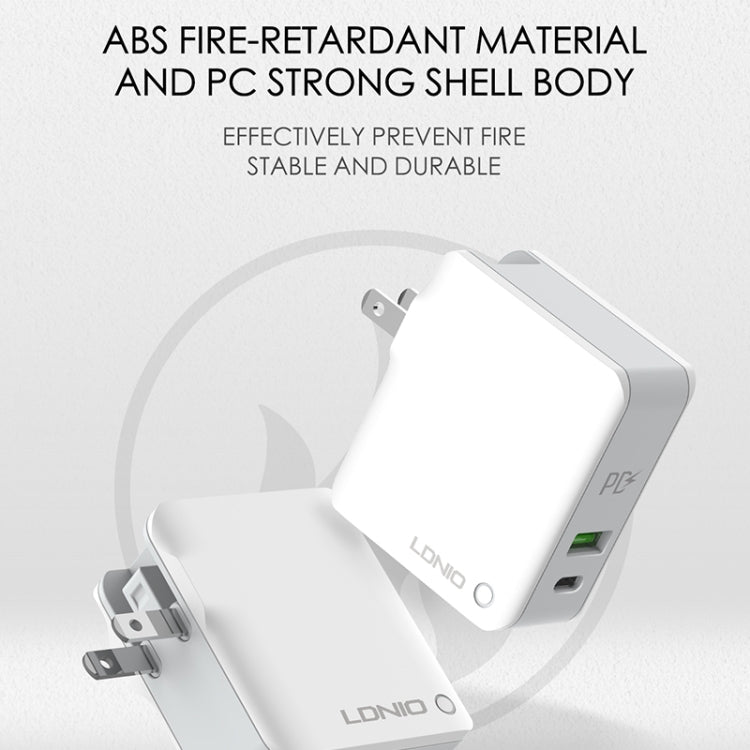 LDNIO foldable plug travel charger with green-lit USB-C port and protection label