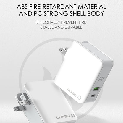 LDNIO foldable plug travel charger with green-lit USB-C port and protection label