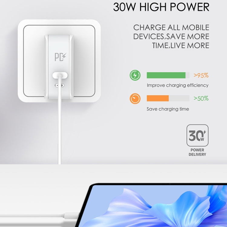 LDNIO 30W travel charger with cable connected, showing charging indicator graphic
