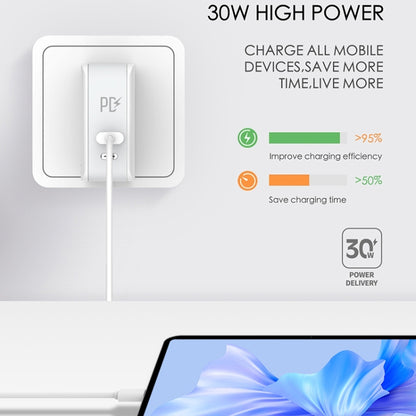 LDNIO 30W travel charger with cable connected, showing charging indicator graphic