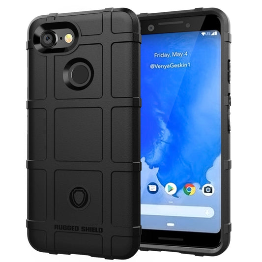 Black rugged TPU phone case with raised camera and screen protection for Pixel 3