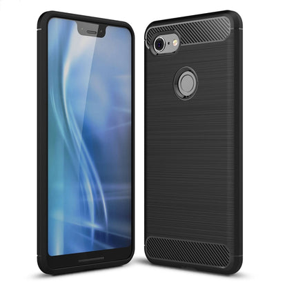 Black TPU phone case with brushed carbon-fiber texture and raised camera protection