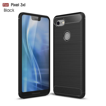 Black brushed carbon-fiber TPU case for Pixel 3 XL, back and front views