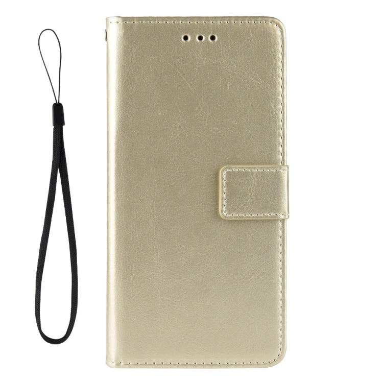 Gold leather flip phone case with wrist strap and snap card slot pocket