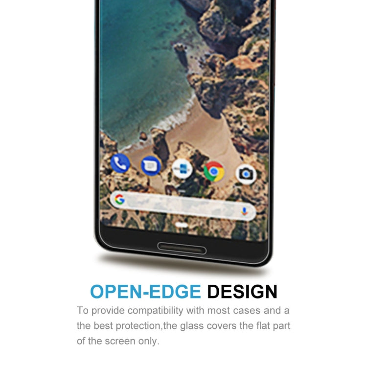 Tempered glass screen protector film on Pixel 3 screen, open-edge design