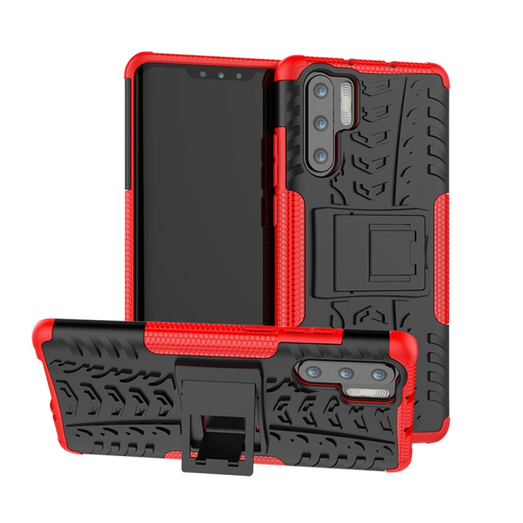 Red tire-tread shockproof TPU+PC phone case with built-in holder for Huawei P30 Pro