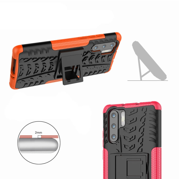 Orange and black tire-tread shockproof TPU+PC phone case with holder