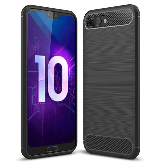 Black brushed carbon-fiber style TPU phone case with shockproof corners and camera cutout