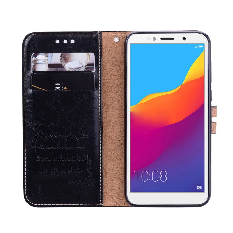 Black leather flip phone case with card slots and viewing pocket, with phone installed