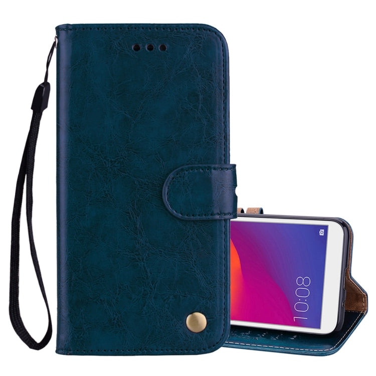 Blue flip leather wallet phone case with wrist strap and rounded card holder flap