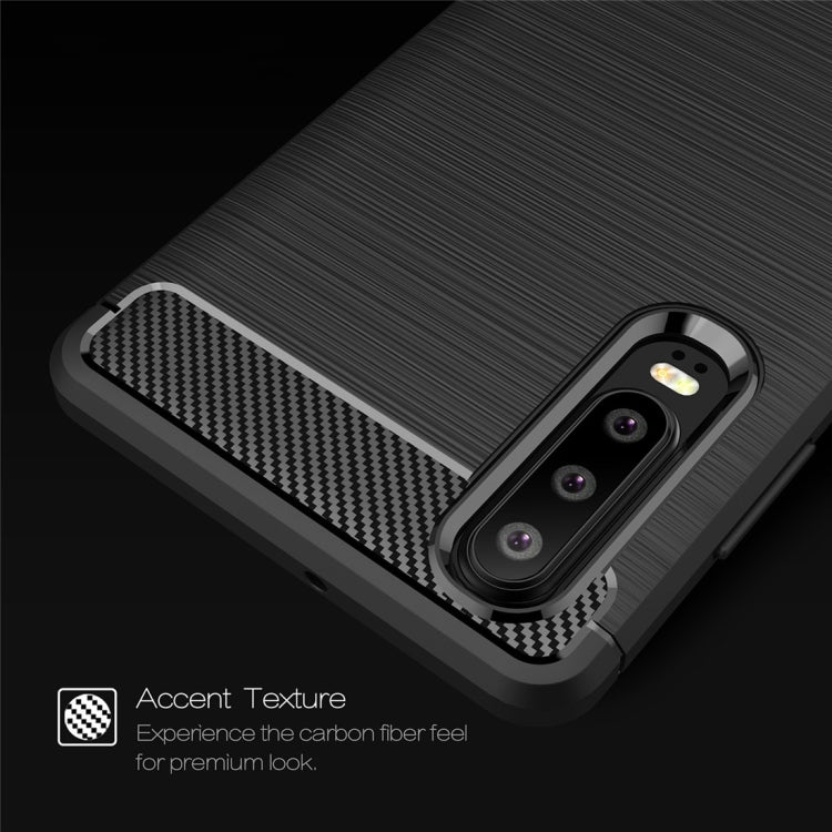 Shockproof TPU phone case close-up: textured back with carbon-fiber camera surround strip