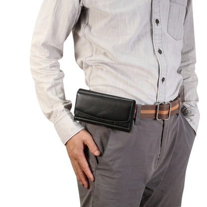 Men’s black leather waist pack with front flap phone holder and card slot