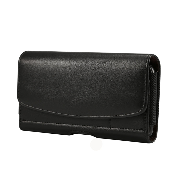 Black leather phone waist pack with curved front flap and side carry strap