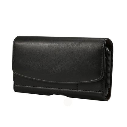 Black leather phone waist pack with curved front flap and side carry strap