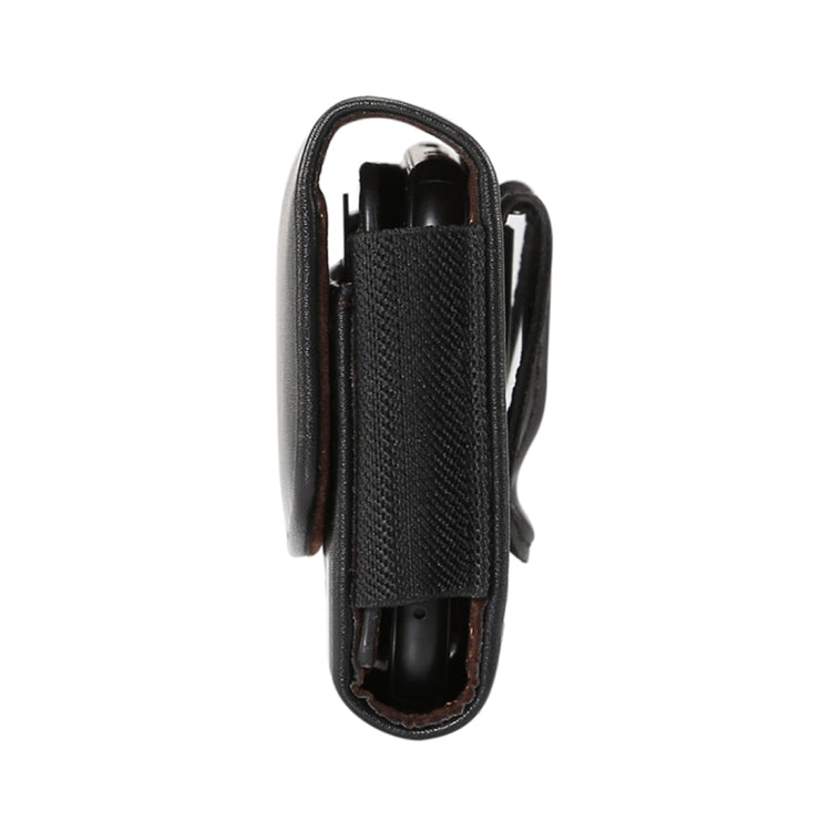 Black leather waist phone case with textured side pocket and elastic slot holder