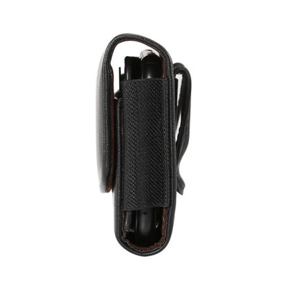 Black leather waist phone case with textured side pocket and elastic slot holder