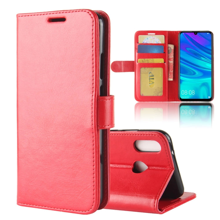 Red leather flip phone case with card slots and viewing stand