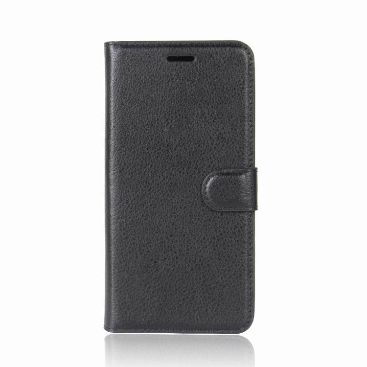 Black litchi-texture leather folio wallet case with fold-over strap and stand cover