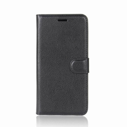 Black litchi-texture leather folio wallet case with fold-over strap and stand cover
