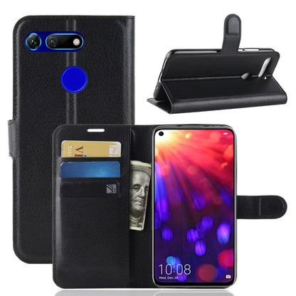Black litchi-texture flip leather phone case with wallet, card slots, and stand