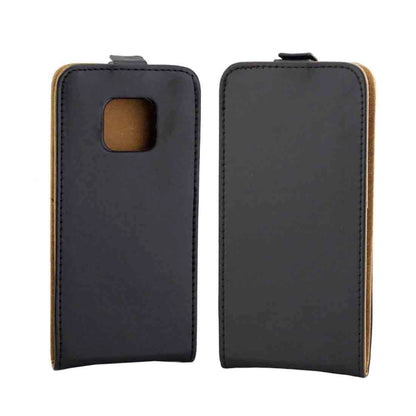 Vertical flip phone case with card slot, front and back views in black