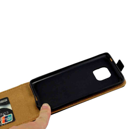 Vertical flip phone case with card slot, interior pocket holding a printed card